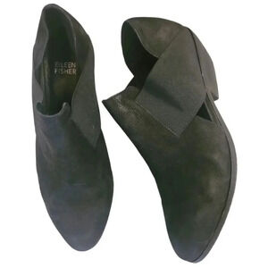 EILEEN FISHER Perry tumbled nubuck suede black ankle booties shoes Wmn's 7.5